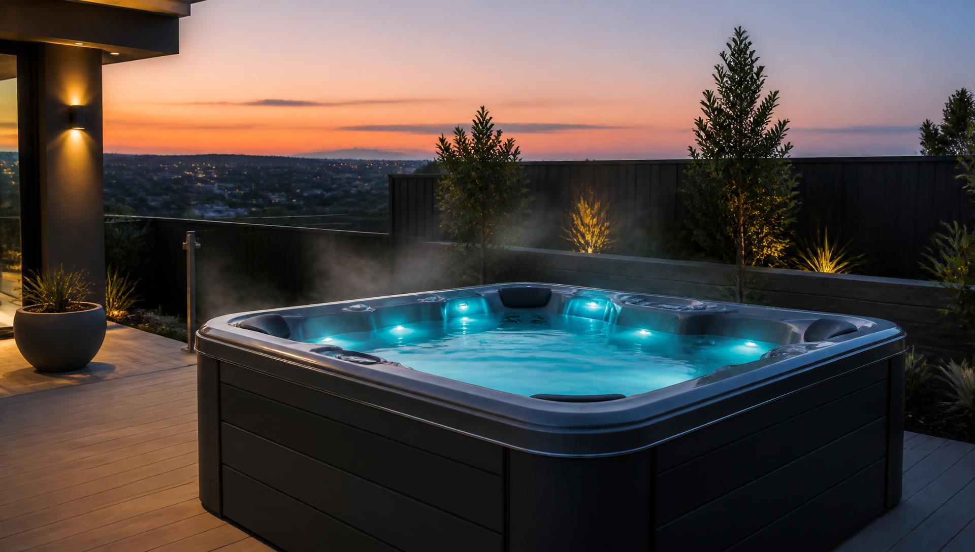 Modern outdoor spa lit at dusk on an Australian deck